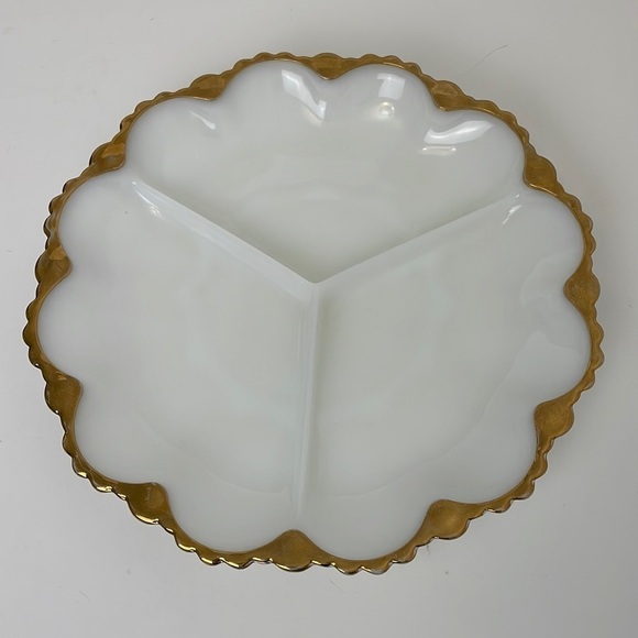 Milk Glass Gold Trim Divided Dish - Picture 2 of 6